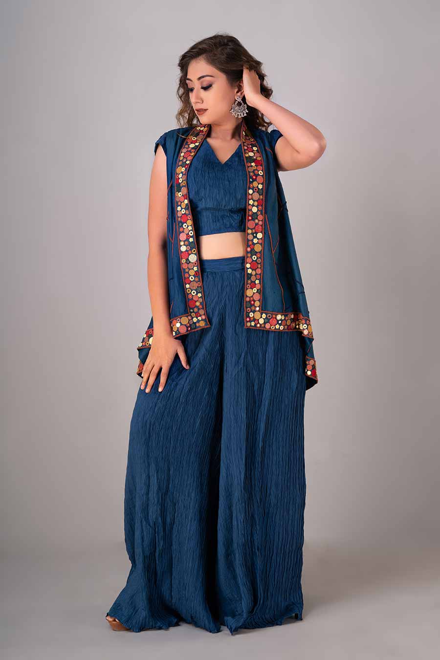 Blue Embroidered 3 Piece Co-Ord Set