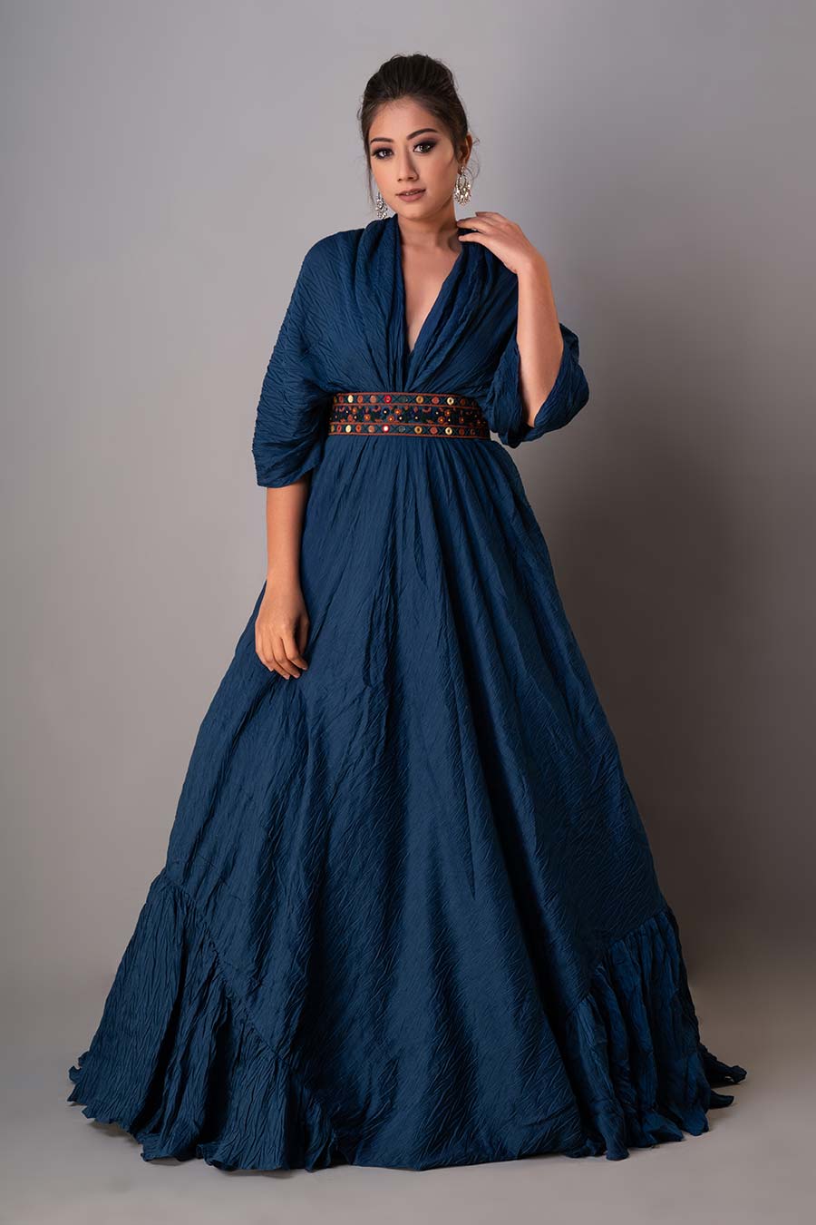 Blue Draped Gown With Embroidered Belt