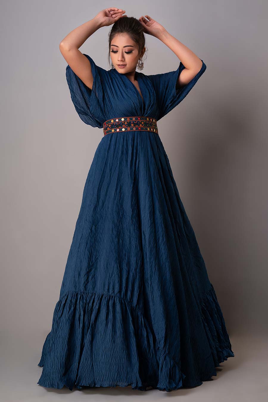 Blue Draped Gown With Embroidered Belt