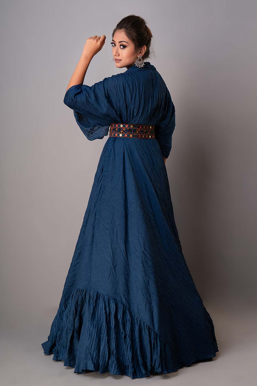 Blue Draped Gown With Embroidered Belt