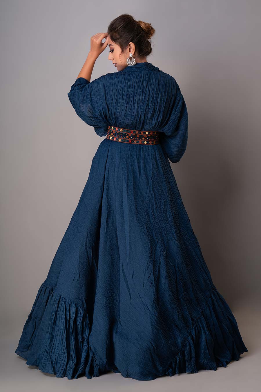 Blue Draped Gown With Embroidered Belt