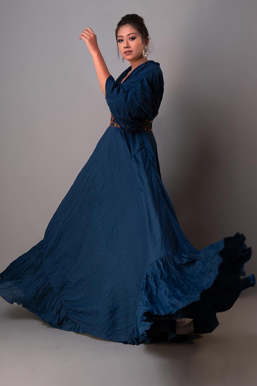 Blue Draped Gown With Embroidered Belt
