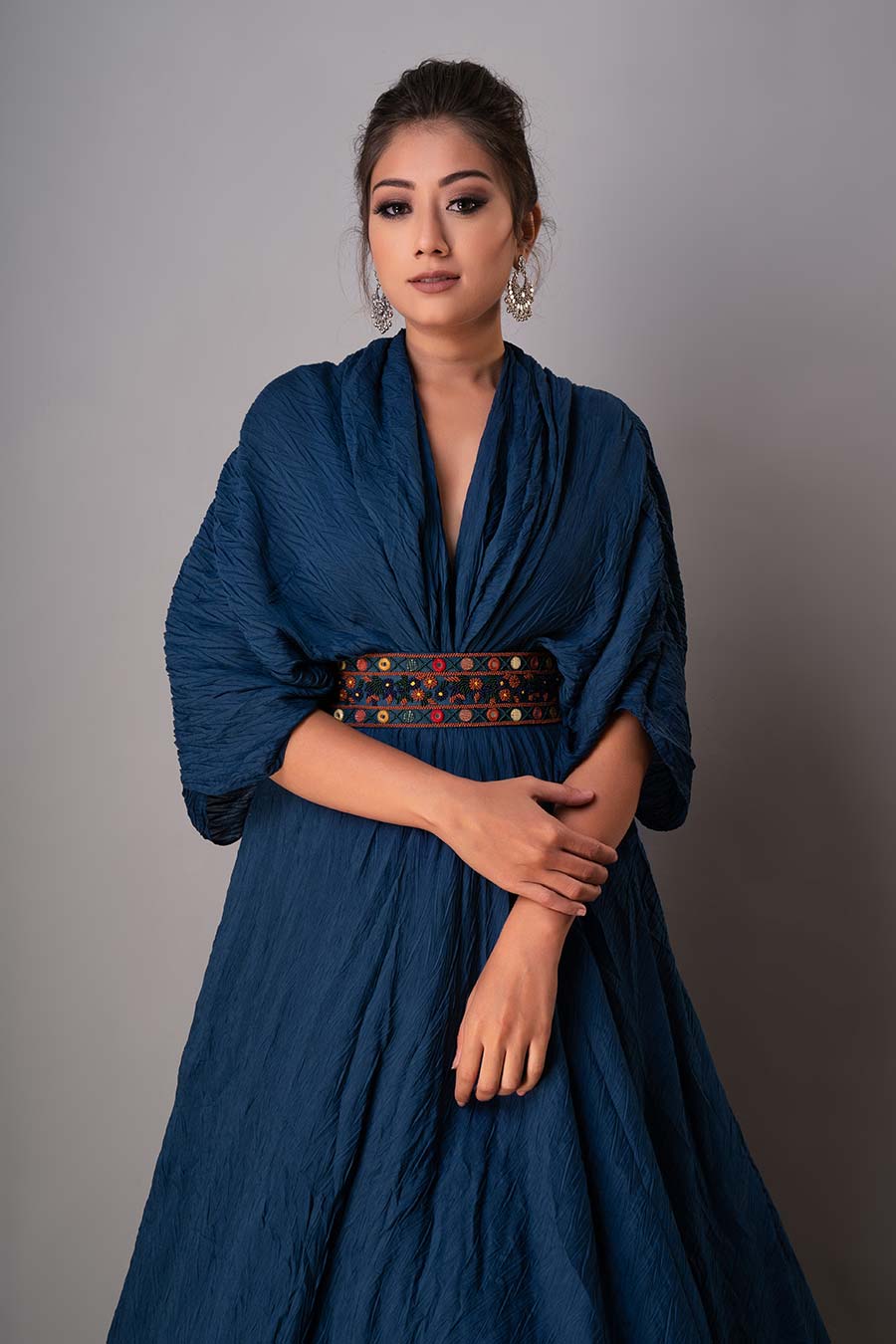 Blue Draped Gown With Embroidered Belt