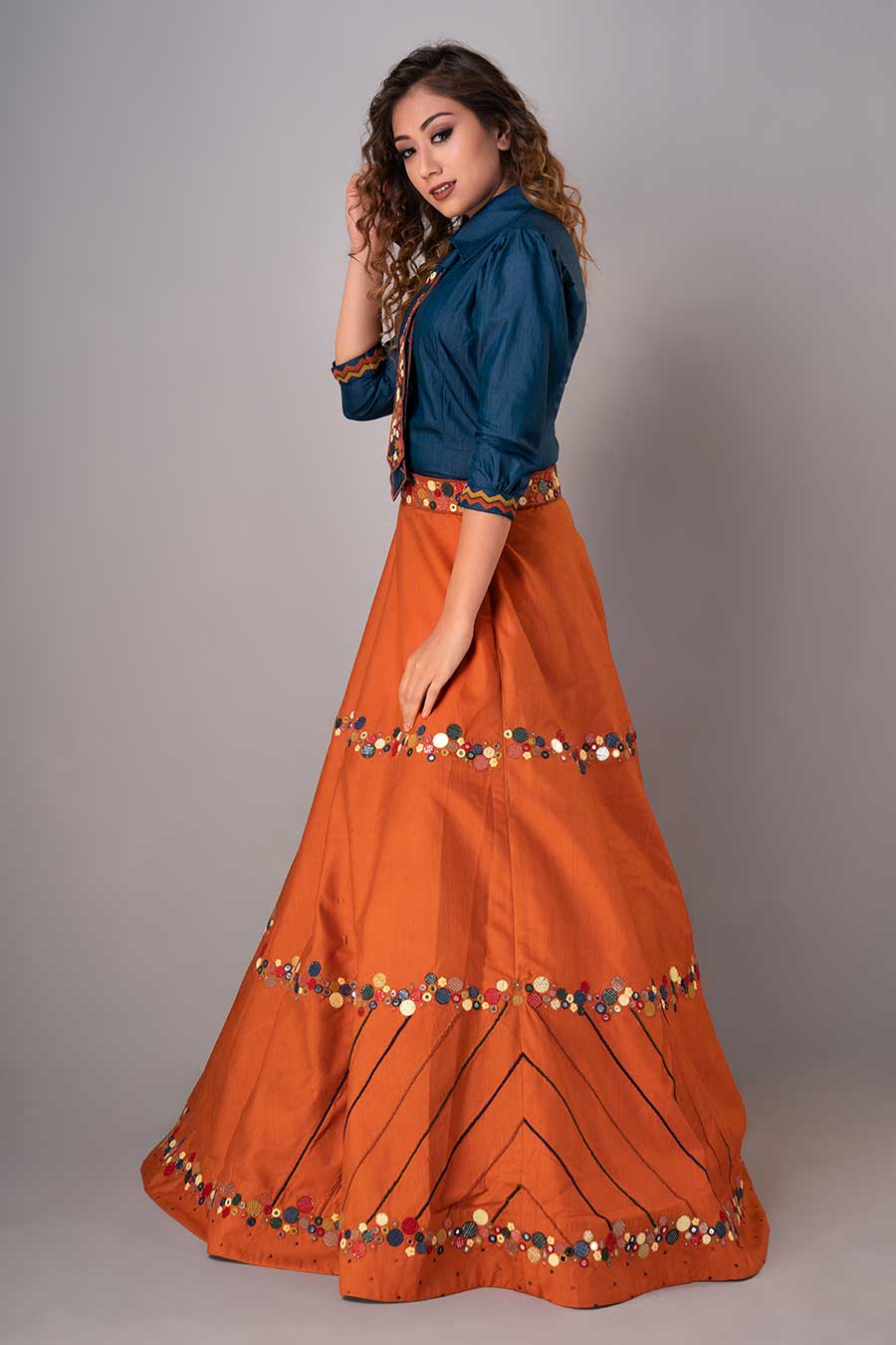 Blue & Orange Embroidered Lehenga Set