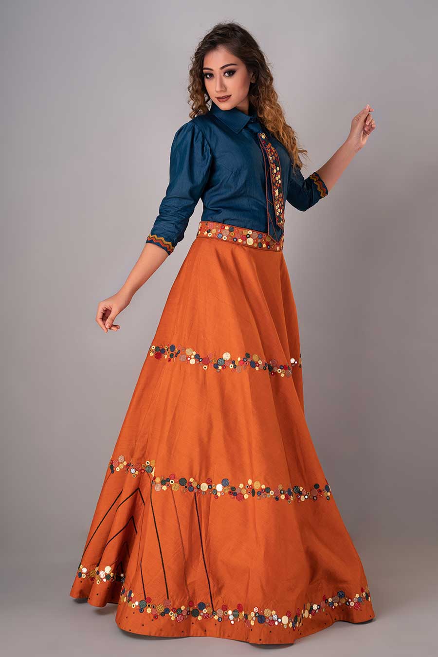 Blue & Orange Embroidered Lehenga Set