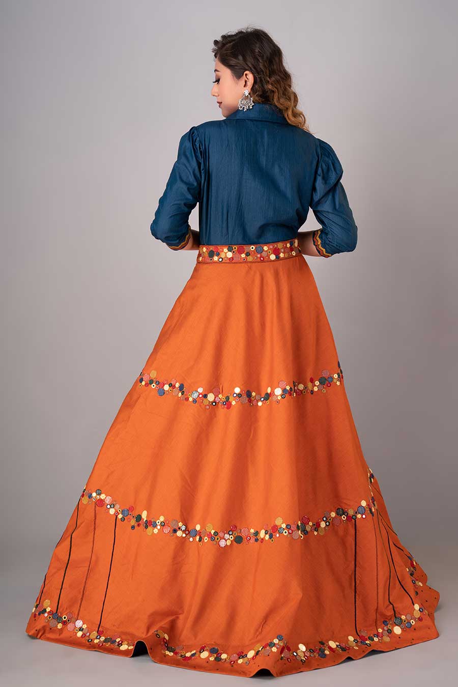 Blue & Orange Embroidered Lehenga Set