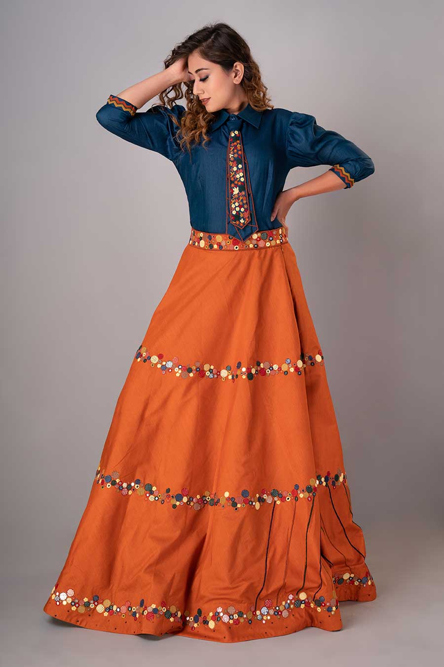 Blue & Orange Embroidered Lehenga Set