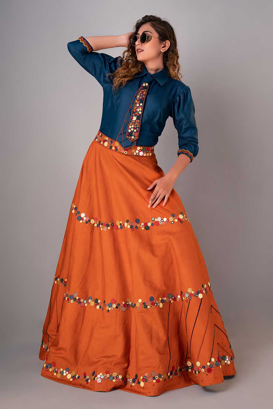 Blue & Orange Embroidered Lehenga Set