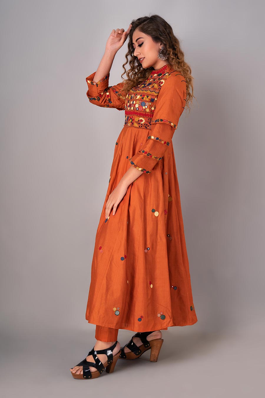 Orange Embroidered Anarkali & Pant Set