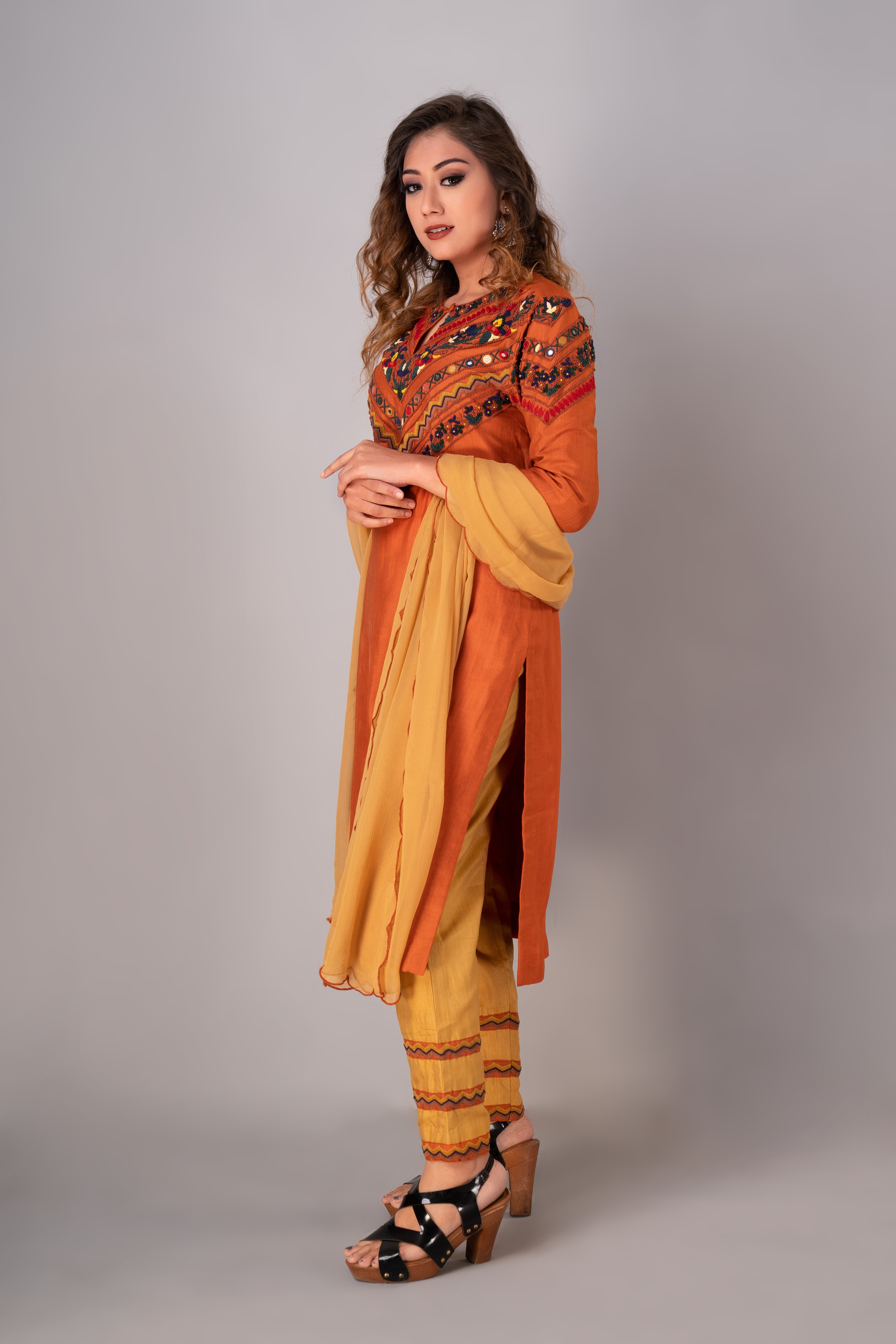 Orange & Mustard Embroidered Kurta Set