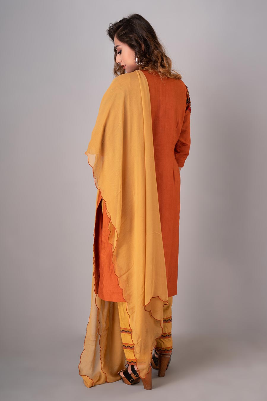 Orange & Mustard Embroidered Kurta Set