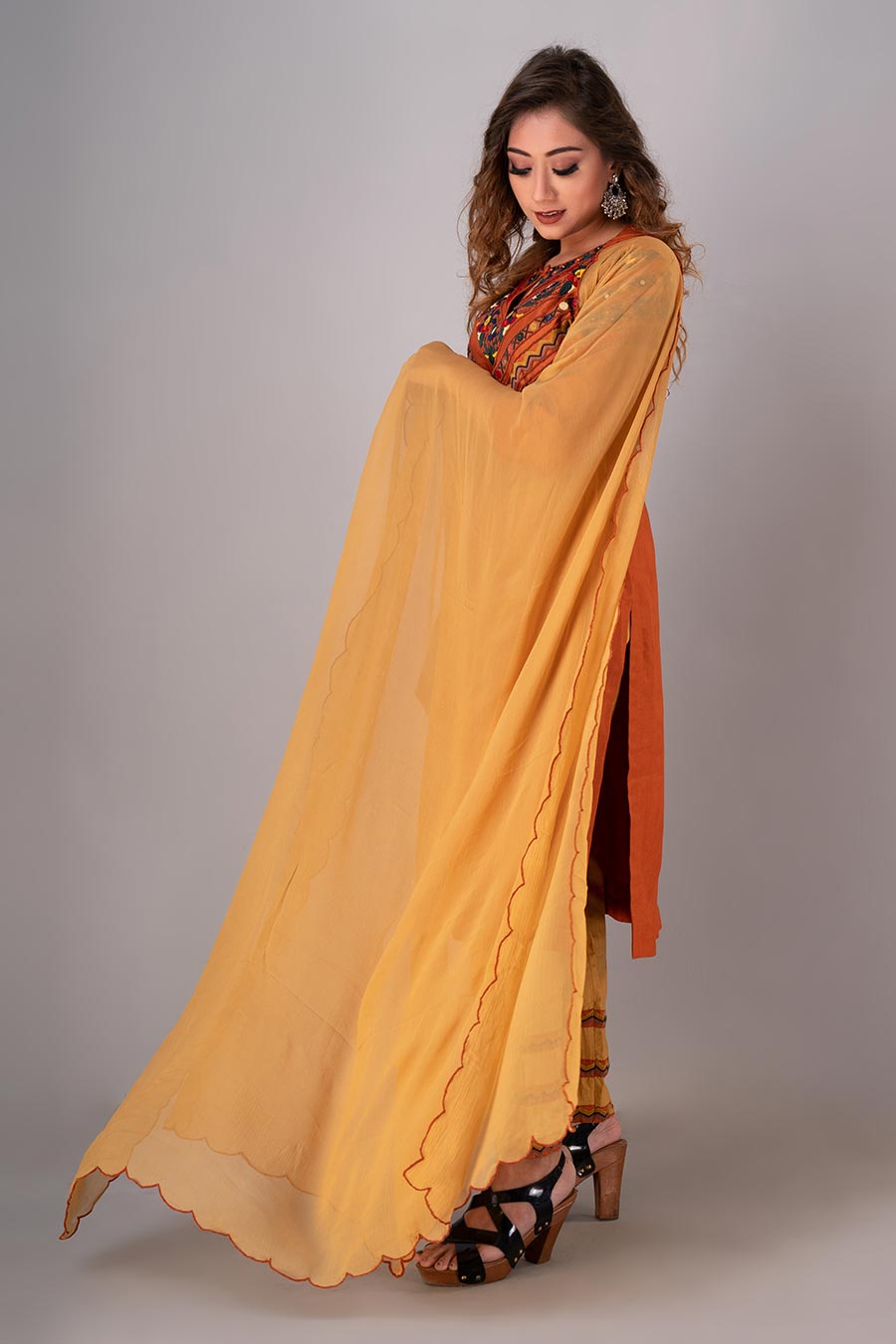 Orange & Mustard Embroidered Kurta Set