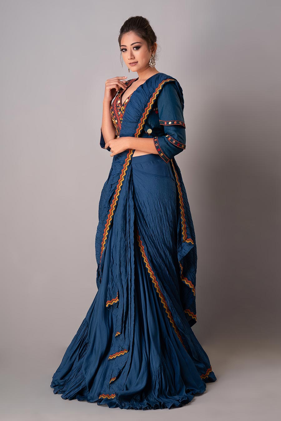 Blue Embroidered Draped Saree Set With Belt