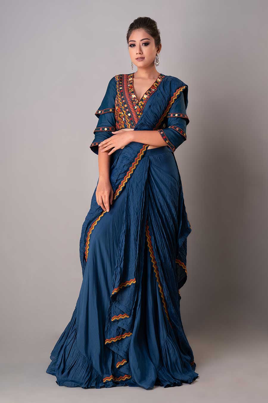 Blue Embroidered Draped Saree Set With Belt