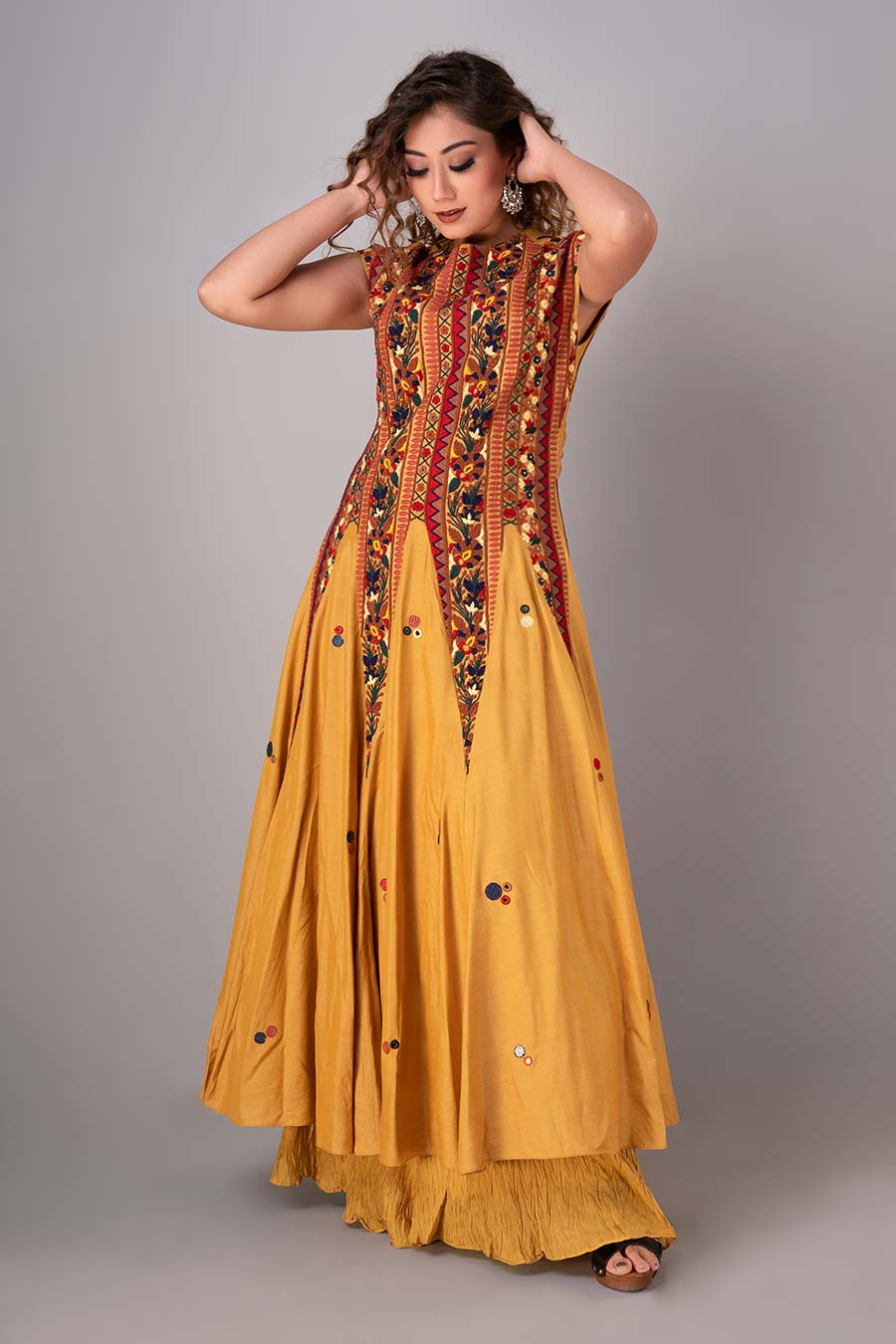 Mustard Embroidered Anarkali & Palazzo Set