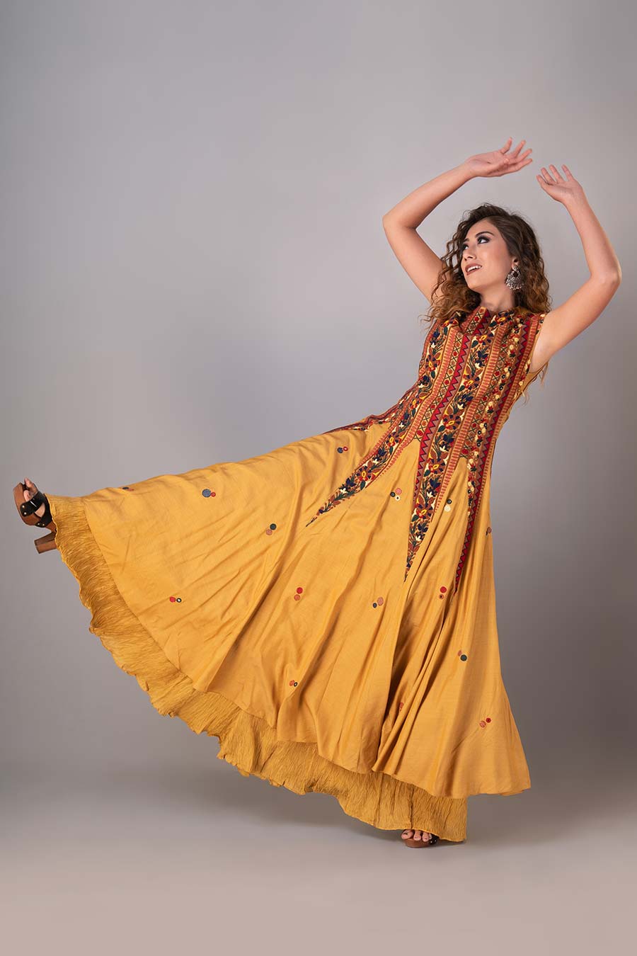 Mustard Embroidered Anarkali & Palazzo Set