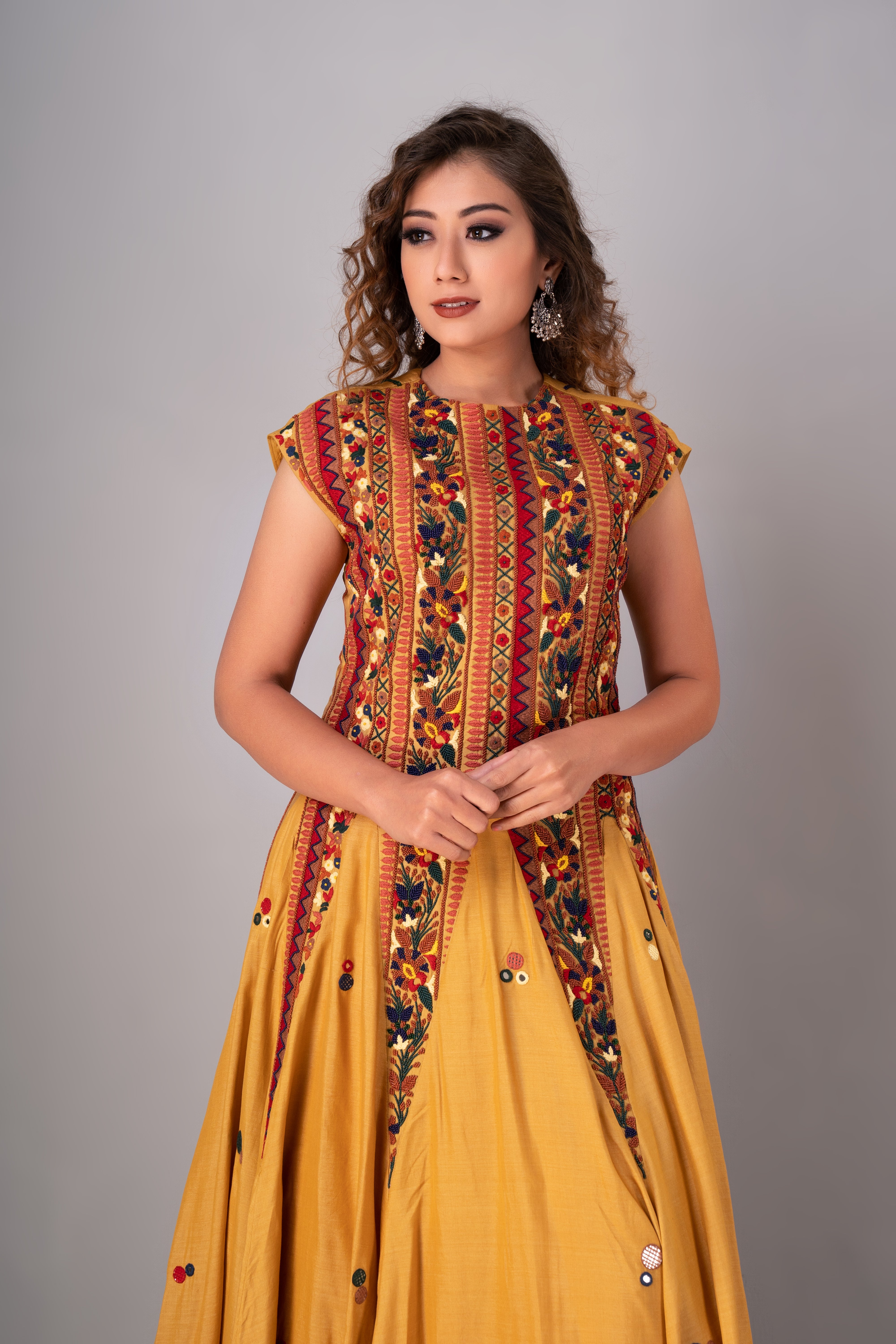 Mustard Embroidered Anarkali & Palazzo Set