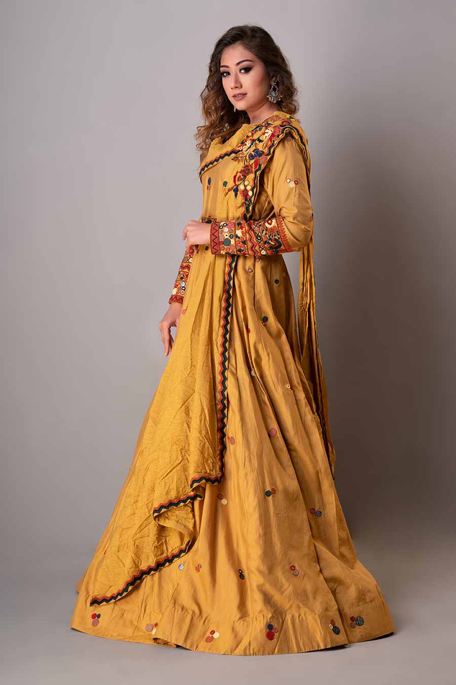 Mustard Embroidered Gown With Belt