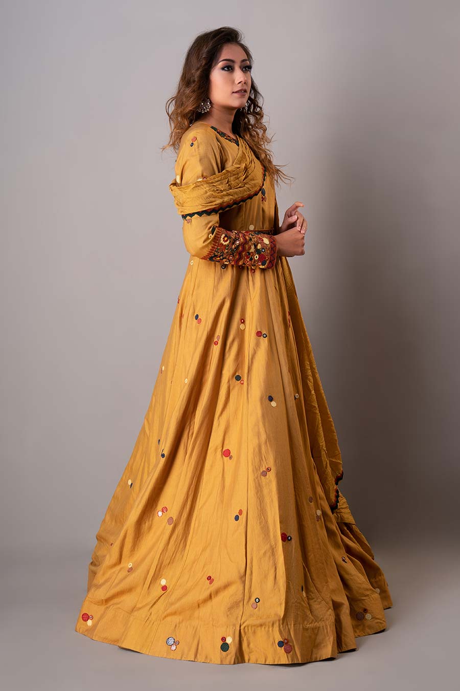 Mustard Embroidered Gown With Belt