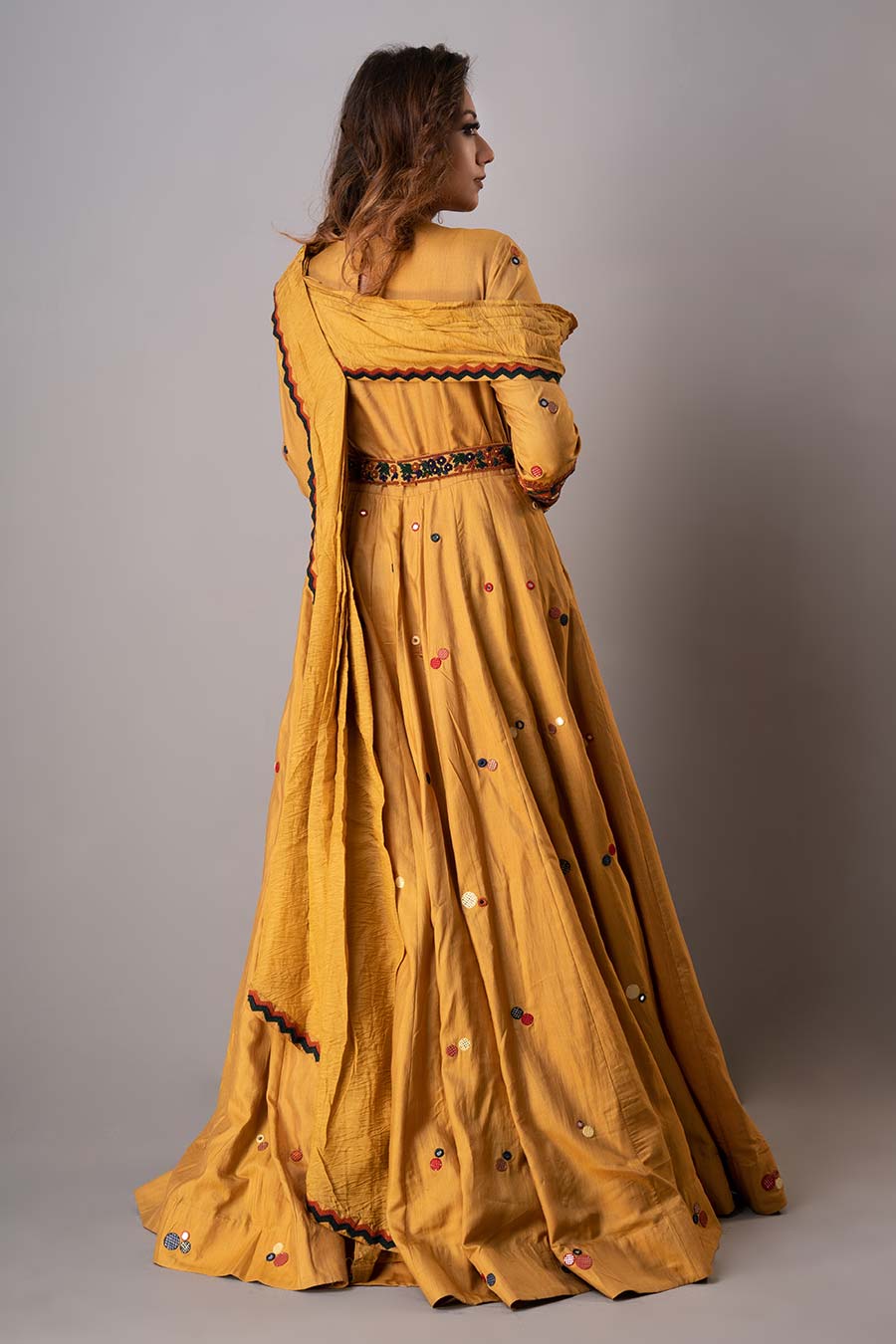 Mustard Embroidered Gown With Belt