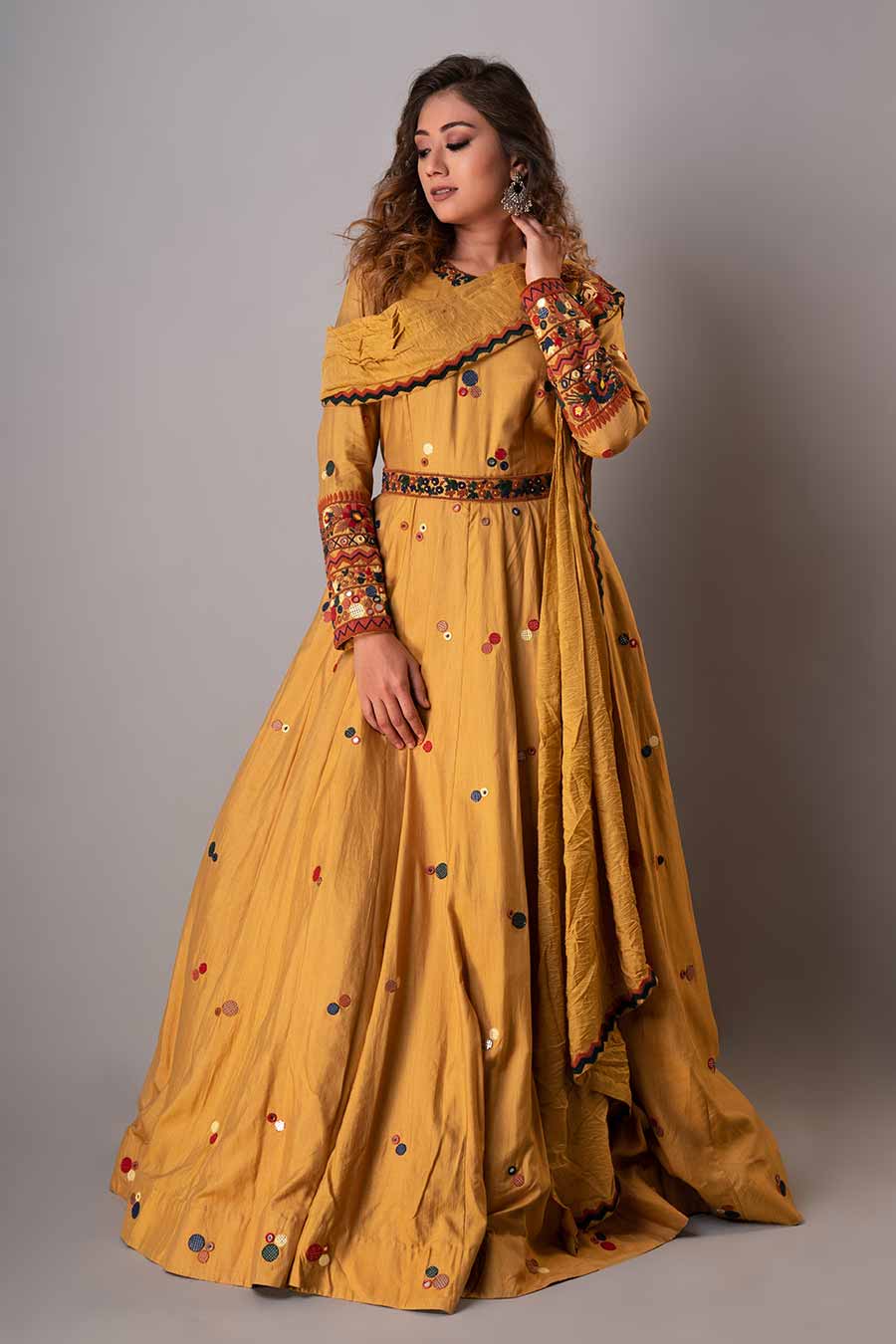 Mustard Embroidered Gown With Belt