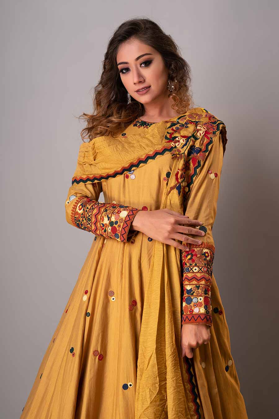 Mustard Embroidered Gown With Belt