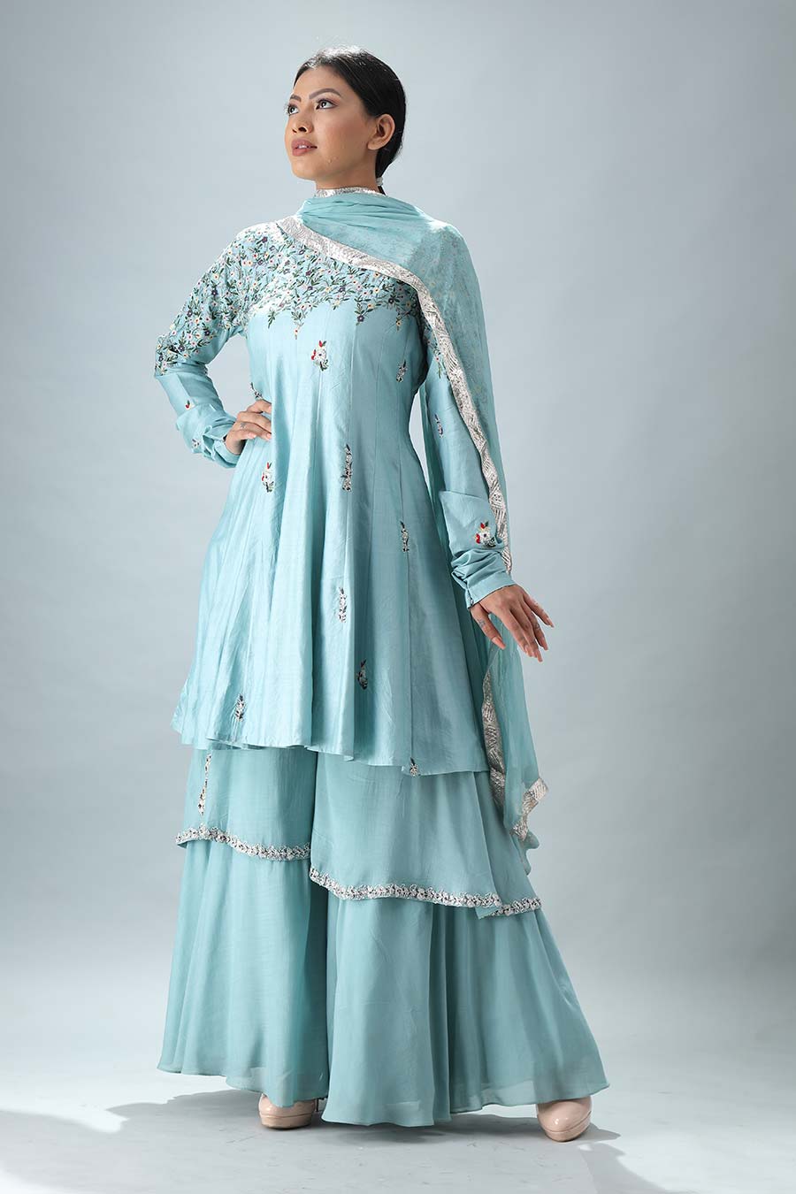 Light Blue Embroidered Anarkali Set