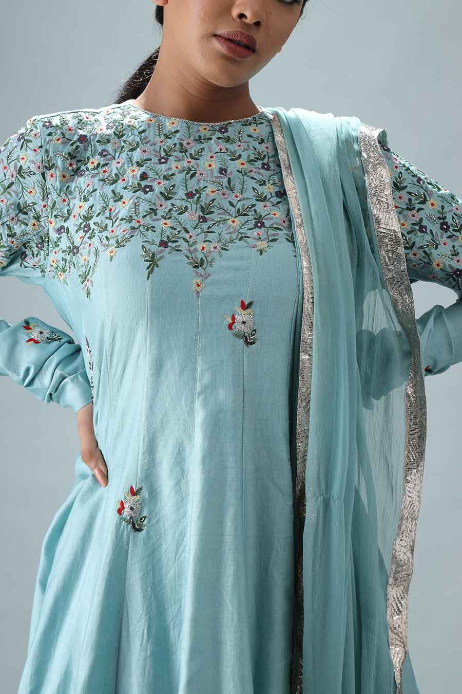 Light Blue Embroidered Anarkali Set