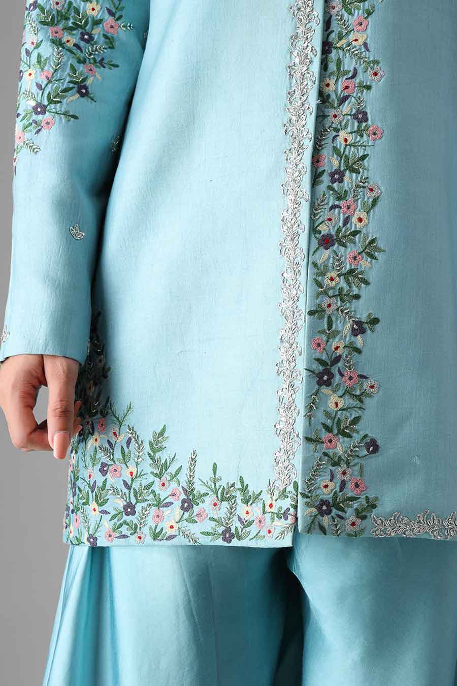 Light Blue Embroidered Jacket & Palazzo Co-Ord Set