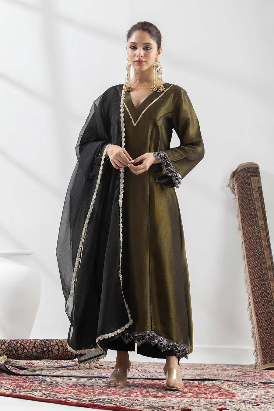 Ojasvini Olive Black Embroidered Kurta Set