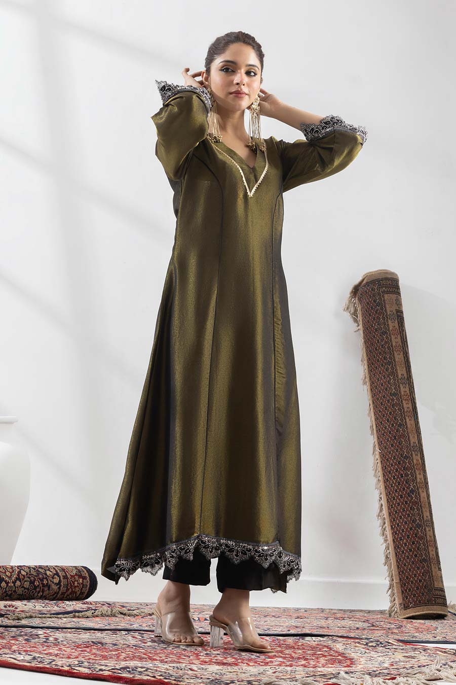 Ojasvini Olive Black Embroidered Kurta Set