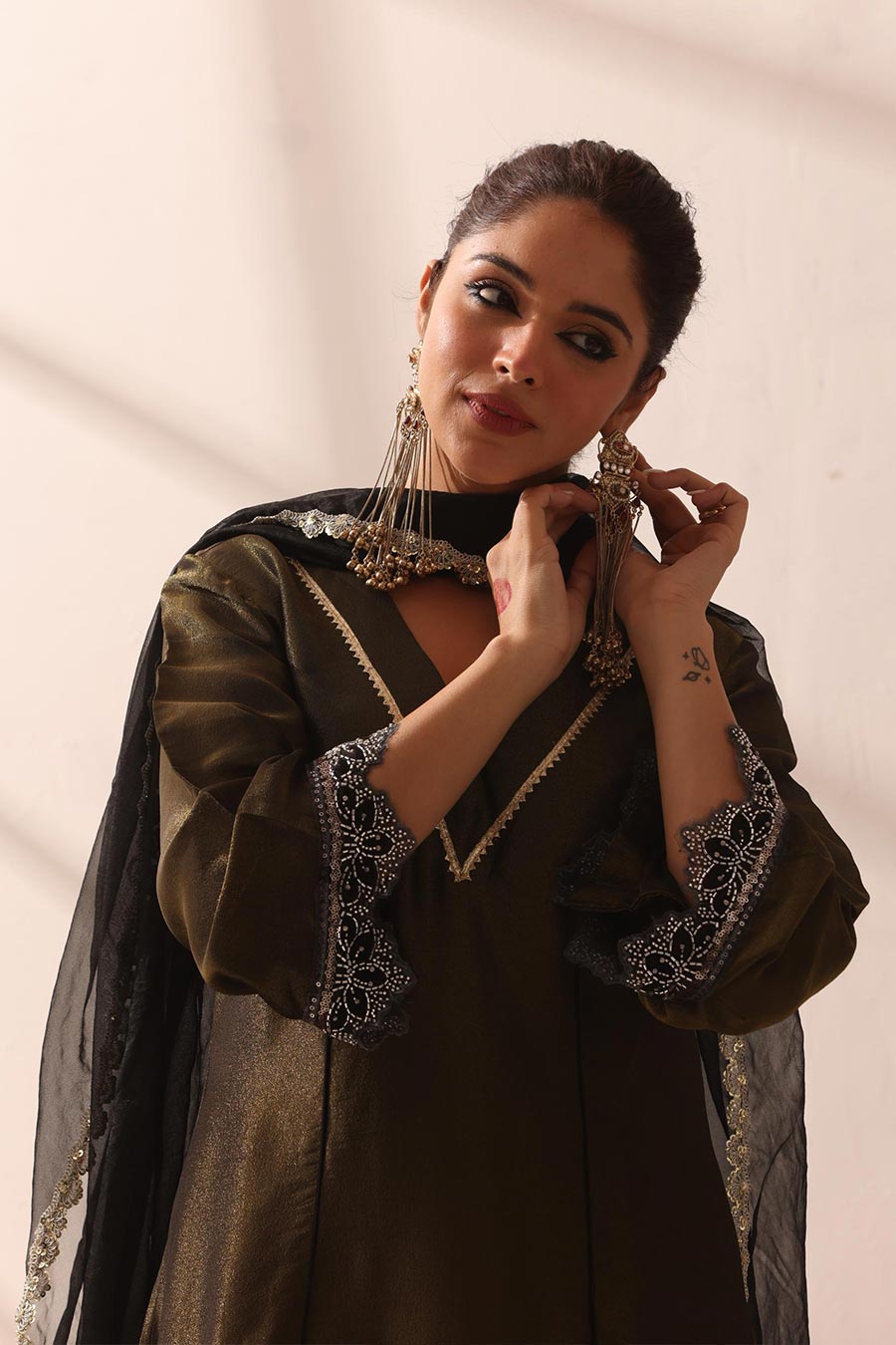 Ojasvini Olive Black Embroidered Kurta Set