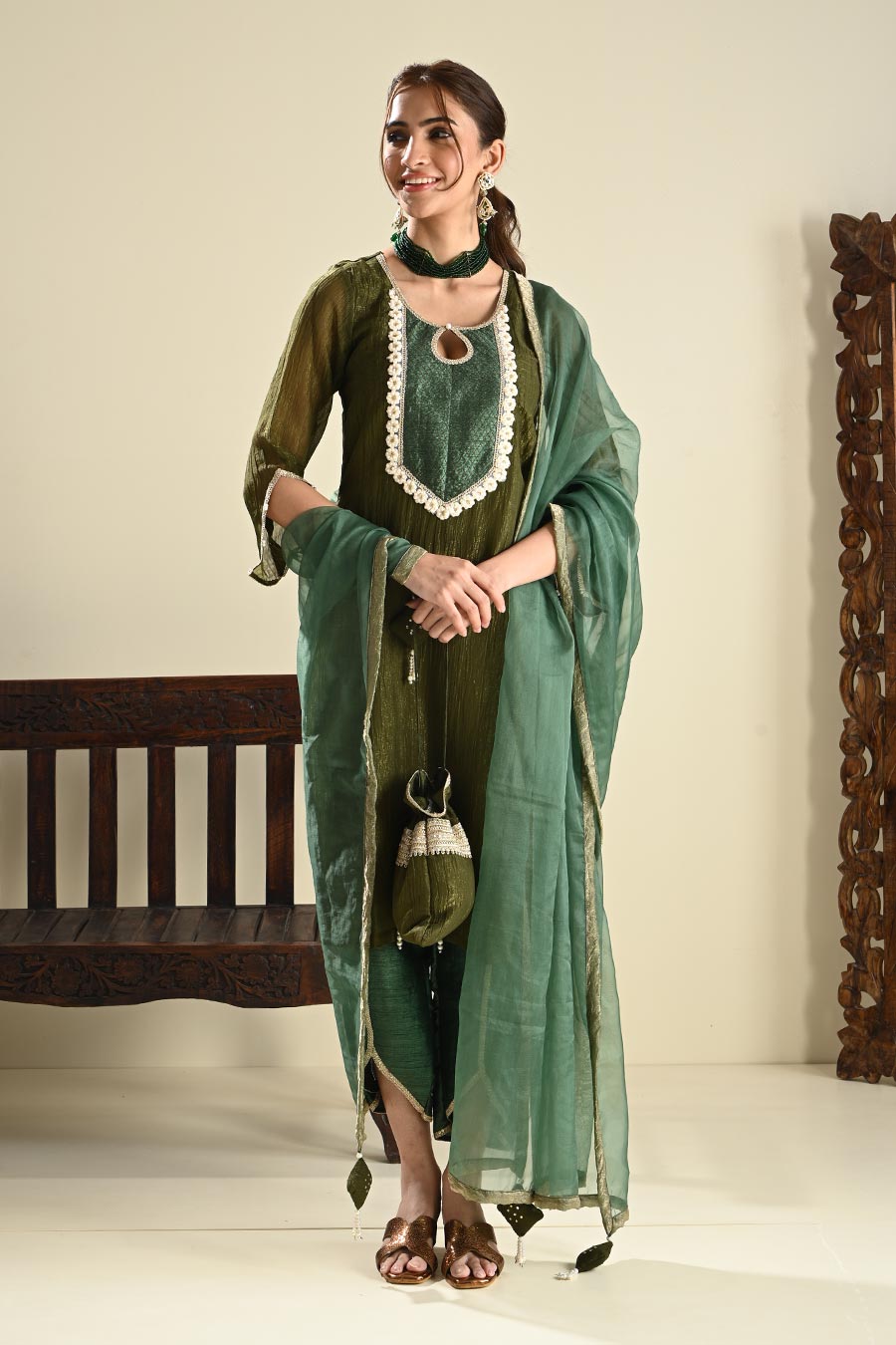 Khubani Green Embellished Kurta Dhoti Set
