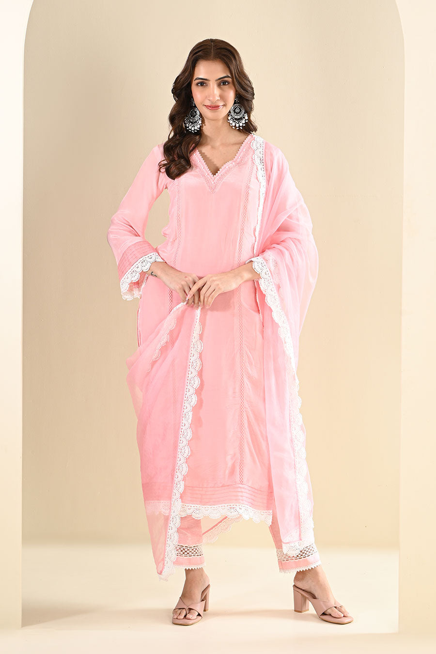Pink Crepe Lace Embellished Kurta Set