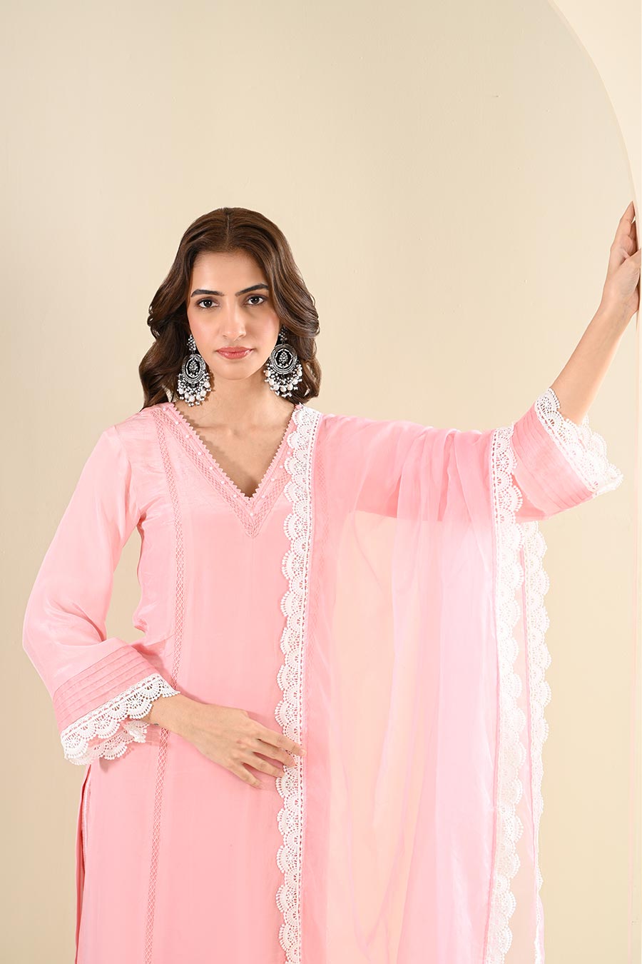 Pink Crepe Lace Embellished Kurta Set