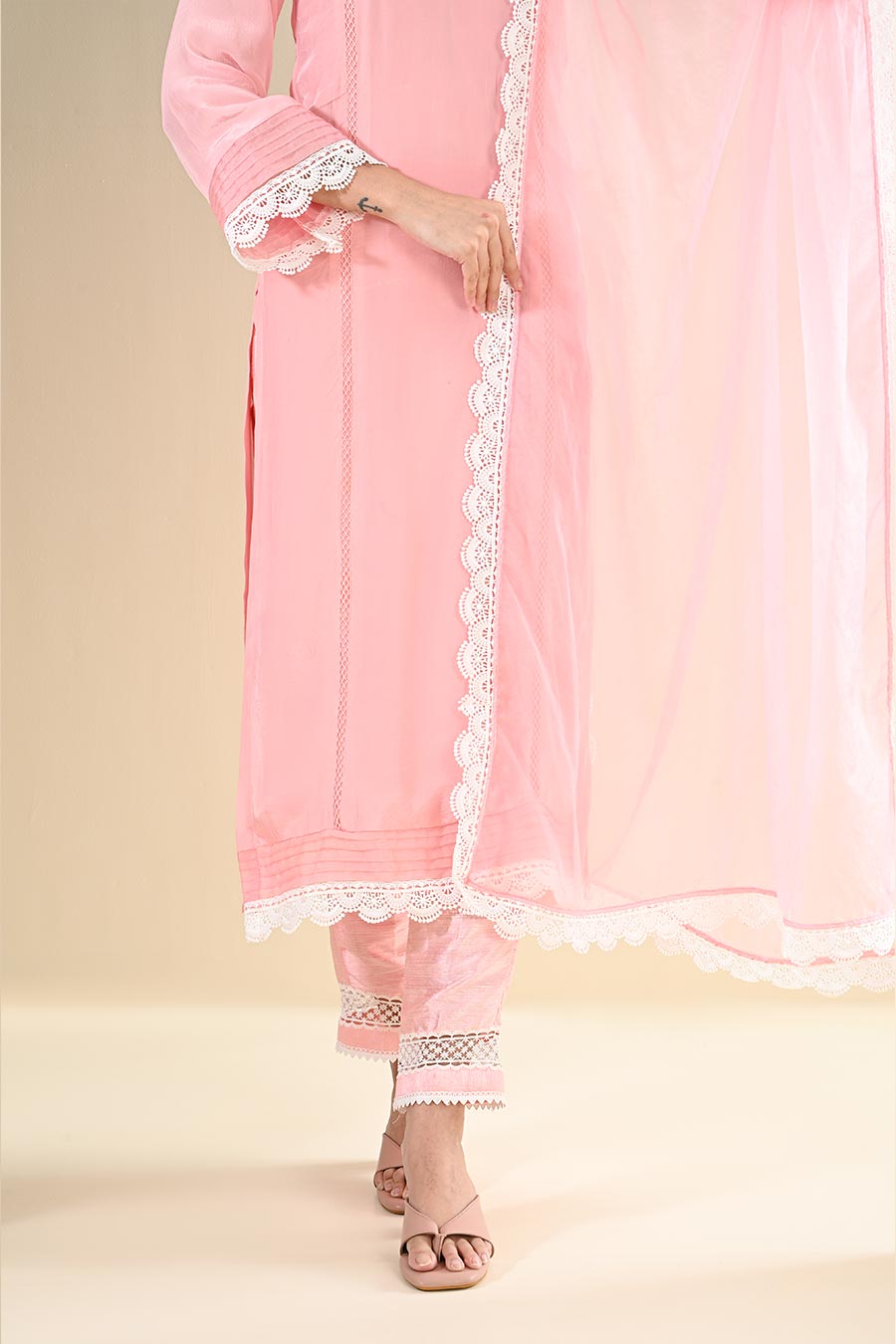 Pink Crepe Lace Embellished Kurta Set
