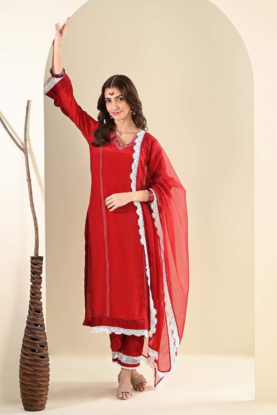 Red Crepe Lace Embellished Kurta Set