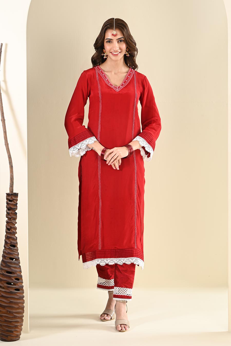 Red Crepe Lace Embellished Kurta Set