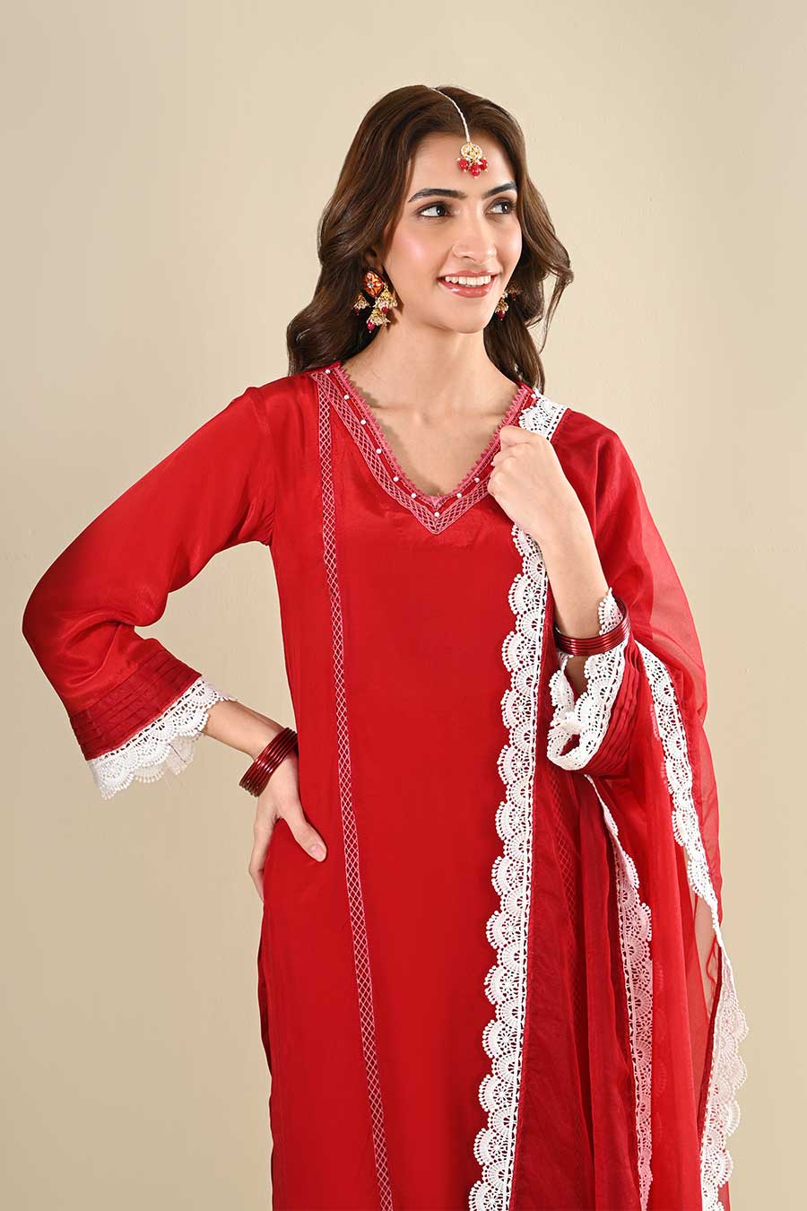 Red Crepe Lace Embellished Kurta Set