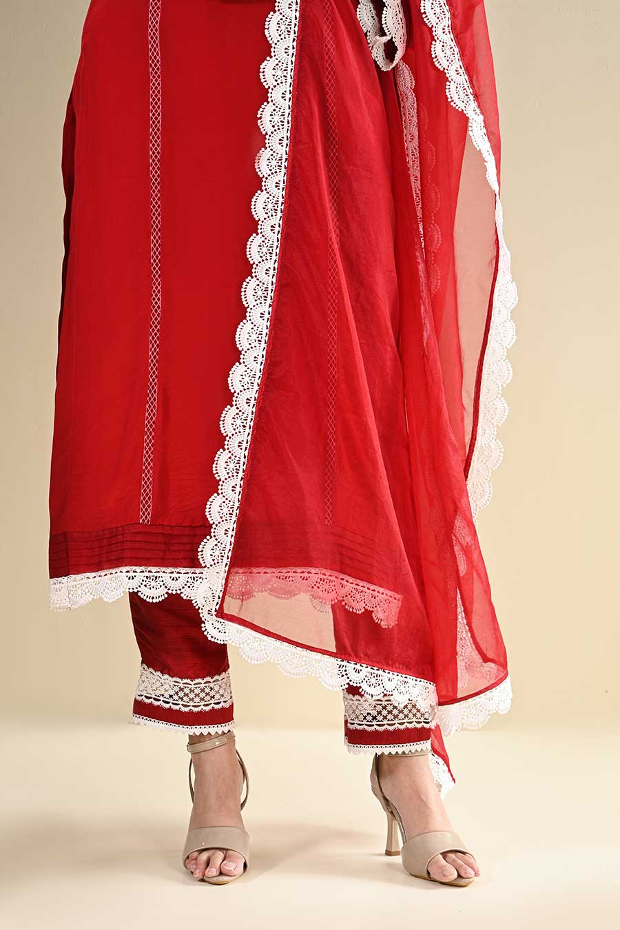 Red Crepe Lace Embellished Kurta Set