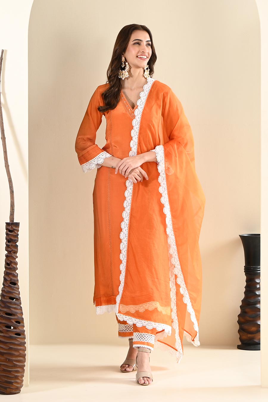 Orange Cotton Lace Embellished Kurta Set