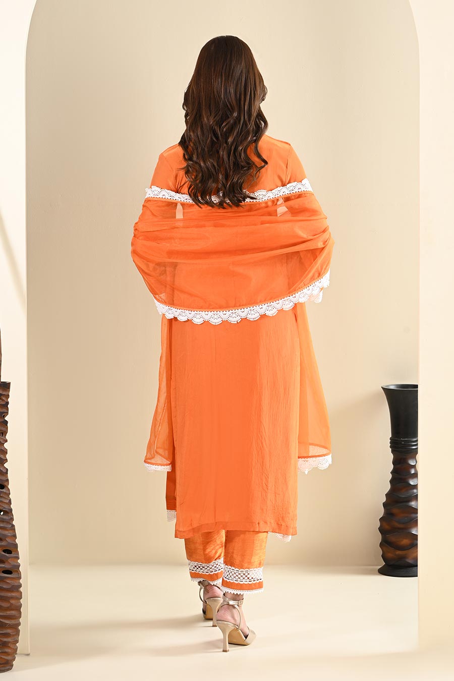 Orange Cotton Lace Embellished Kurta Set