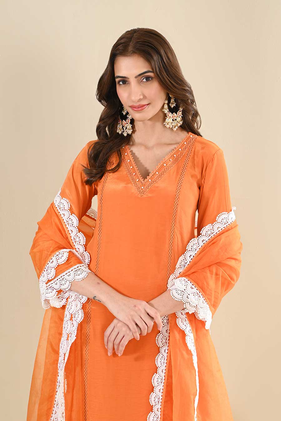 Orange Cotton Lace Embellished Kurta Set