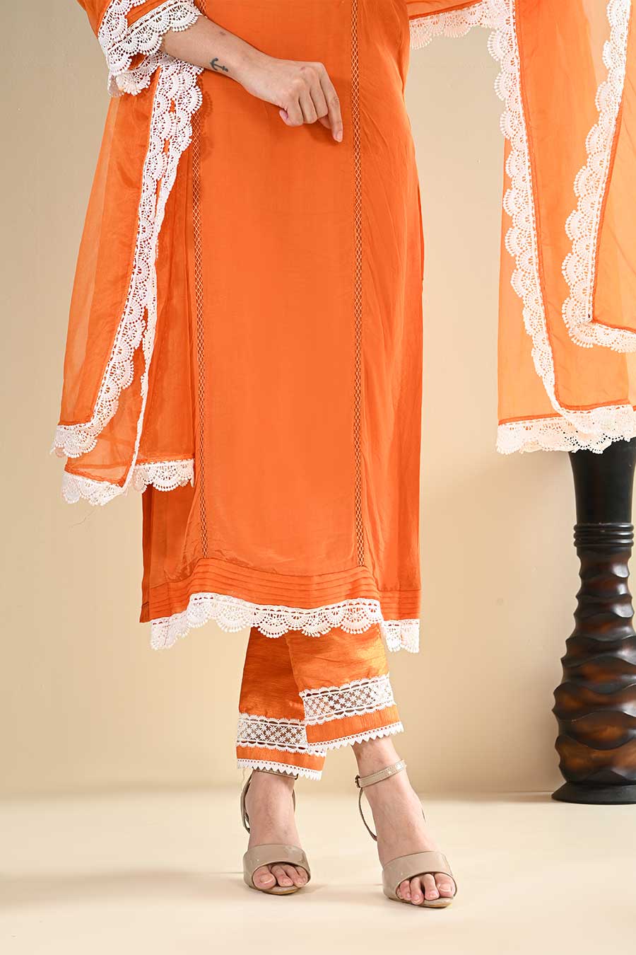 Orange Cotton Lace Embellished Kurta Set