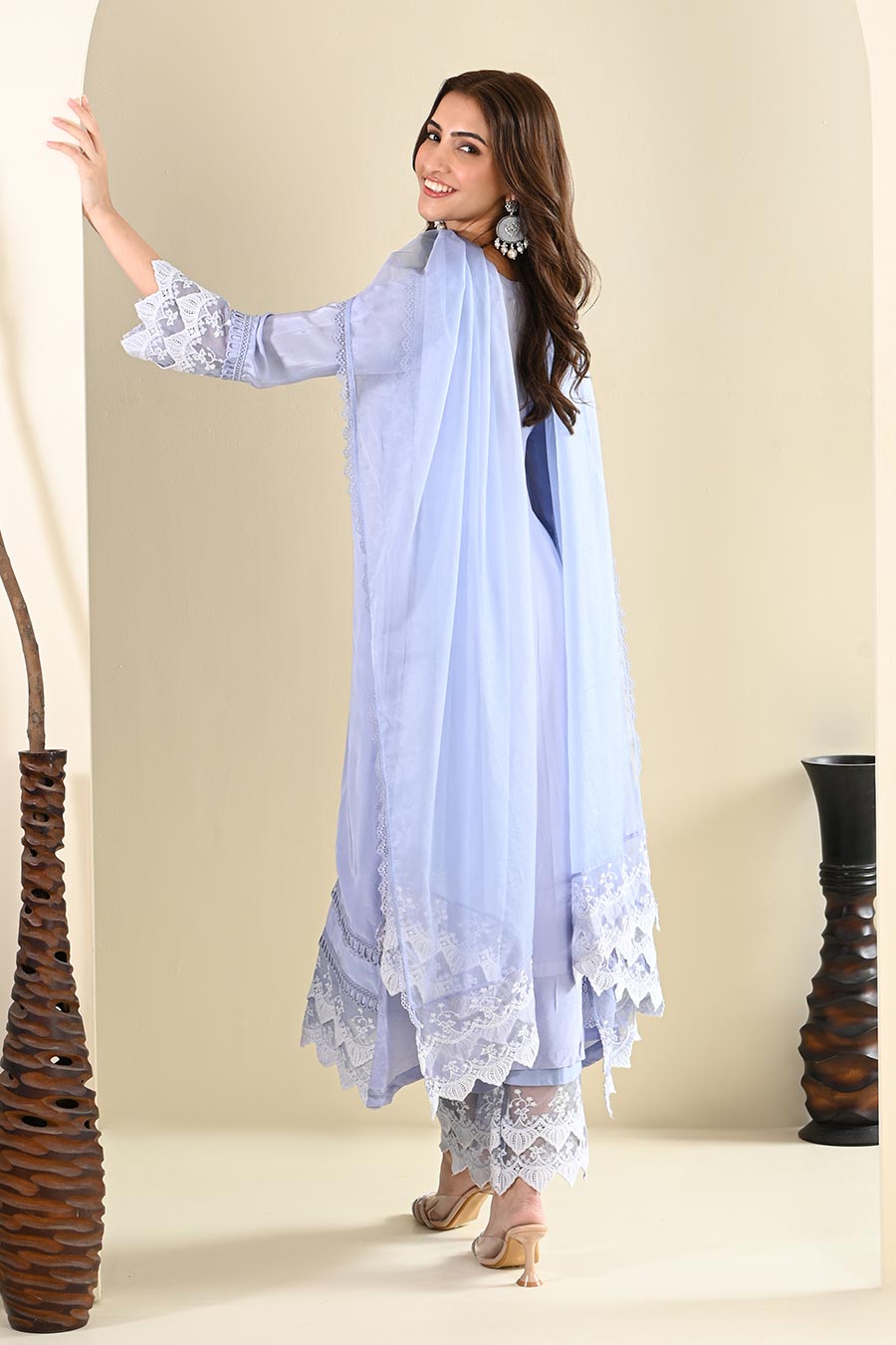 Powder Blue Crepe Lace Embellished Kurta Set