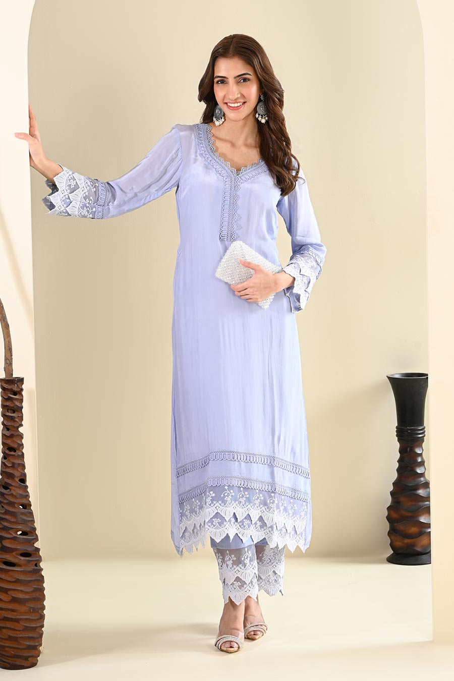 Powder Blue Crepe Lace Embellished Kurta Set