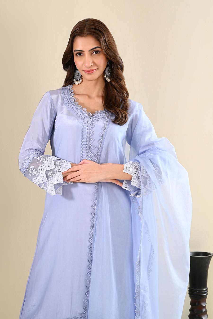 Powder Blue Crepe Lace Embellished Kurta Set