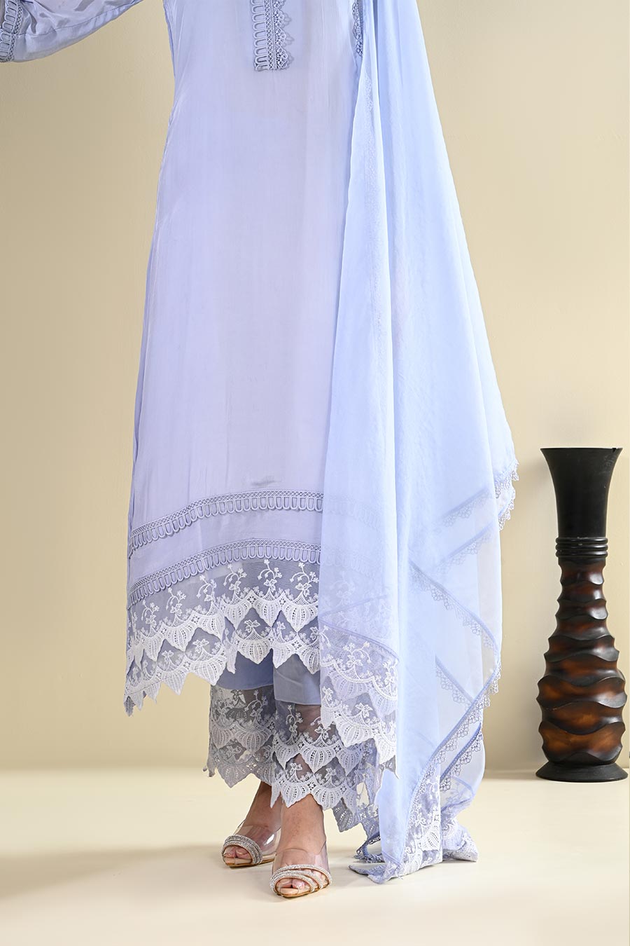 Powder Blue Crepe Lace Embellished Kurta Set