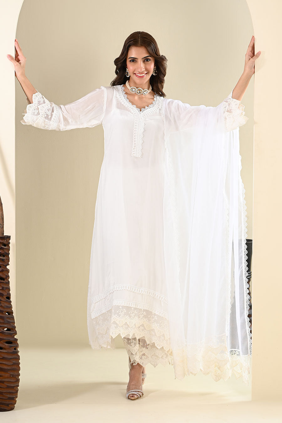 White Crepe Lace Embellished Kurta Set