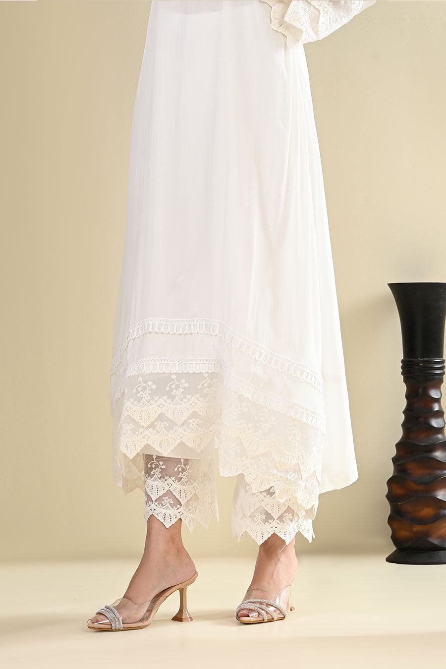 White Crepe Lace Embellished Kurta Set